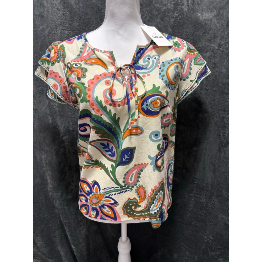 NWT Cece Linen Blend Paisley Ruffle Sleeve Boho Chic Colorful Top Size Medium - Picture 1 of 7